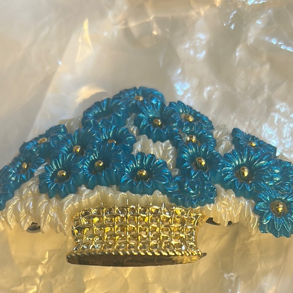 Blue Floral Beaded Hair Clip with Gold Accent